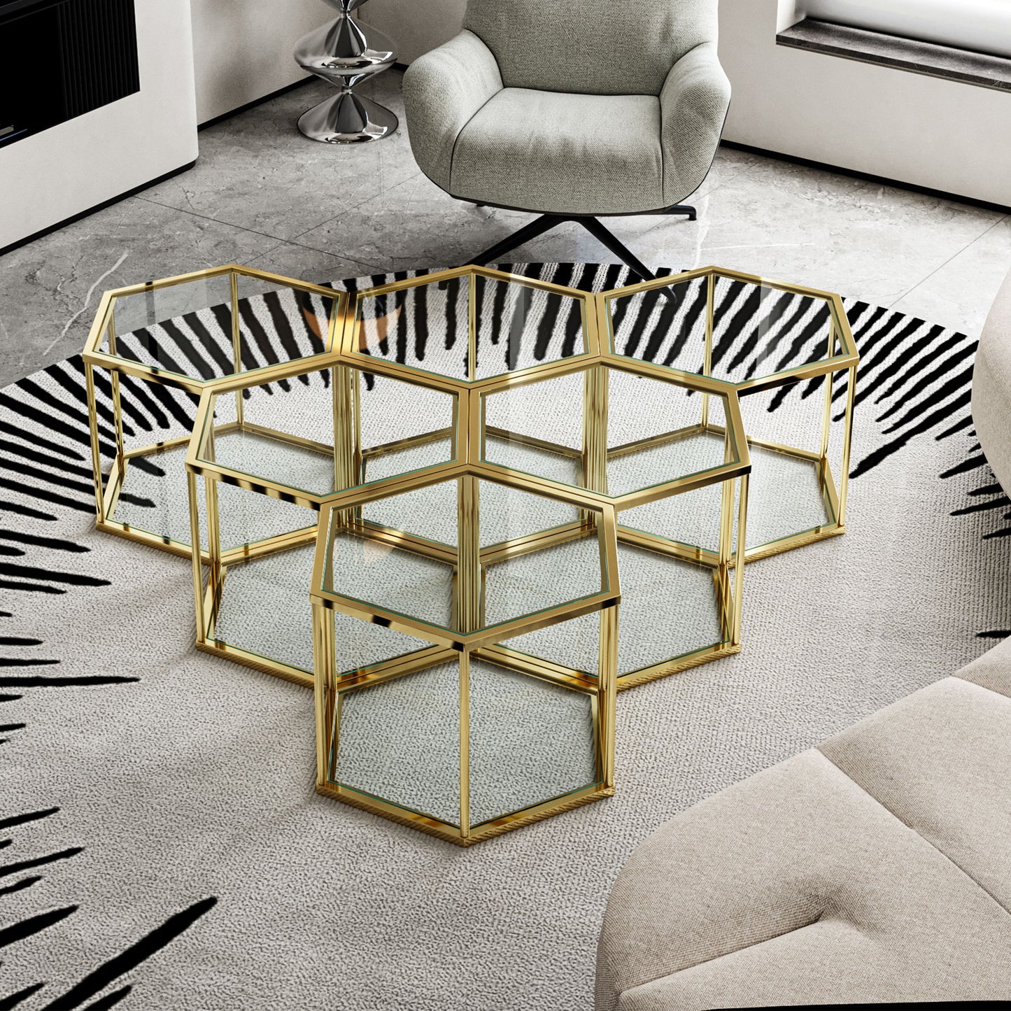 Modern Living Room Coffee Table With Stainless Steel Frame And Double Layer Tempered Glass - Gold