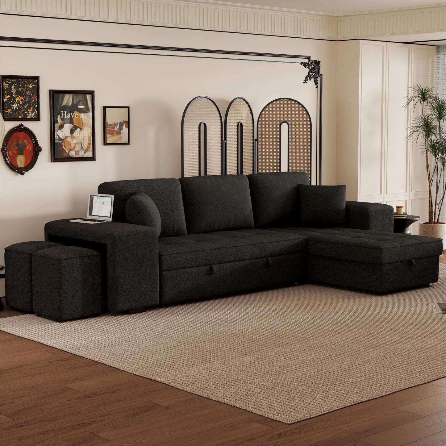 Modern L-Shape 3 Seat Reversible Sectional Couch, Pull Out Sleeper Sofa With Storage Chaise And 2 Stools For Living Room Furniture Set - Charcoal Gray