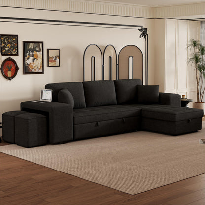 Modern L-Shape 3 Seat Reversible Sectional Couch, Pull Out Sleeper Sofa With Storage Chaise And 2 Stools For Living Room Furniture Set - Charcoal Gray