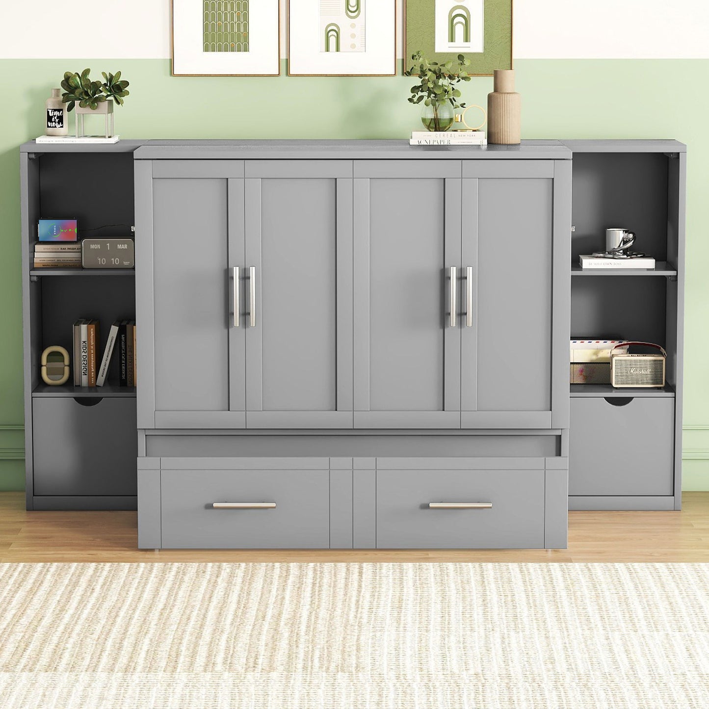 Queen Size Murphy Bed With Shelves, Drawers And USB Ports - Gray