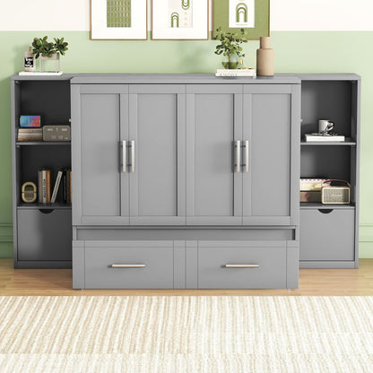 Queen Size Murphy Bed With Shelves, Drawers And USB Ports - Gray