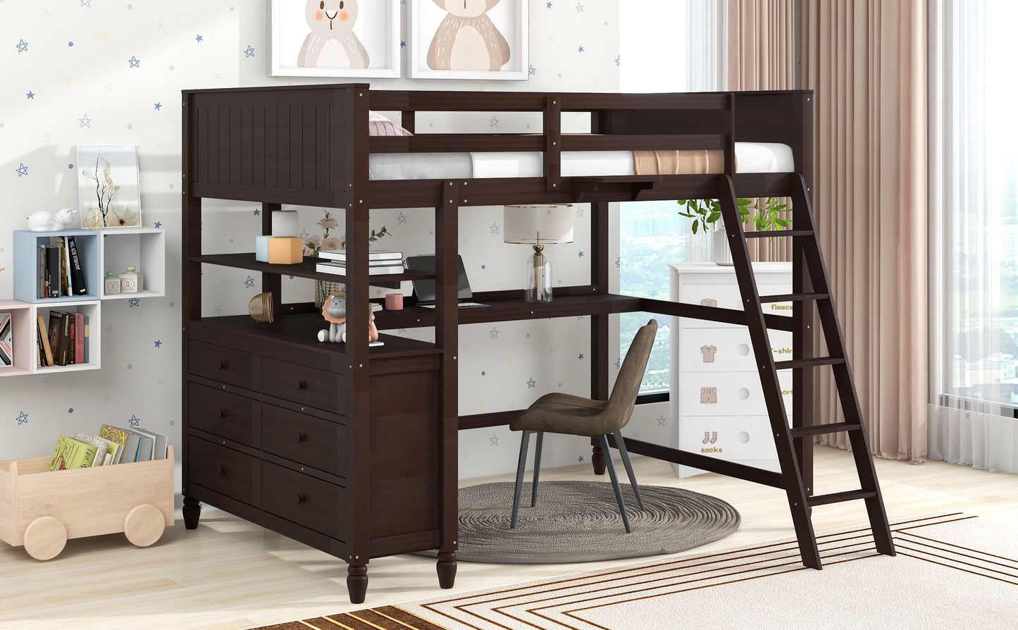Full Size Loft Bed With Drawers And Desk With Shelves - Espresso