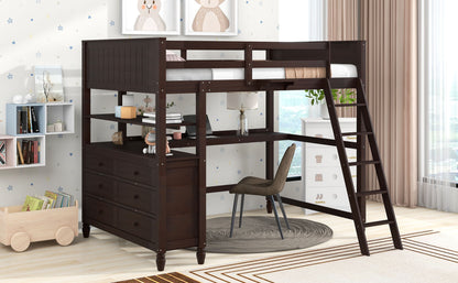 Full Size Loft Bed With Drawers And Desk With Shelves - Espresso