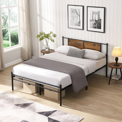 Queen Size Modern Metal Bedframe With Headboard, Durable Steel Structure - Black / Brown