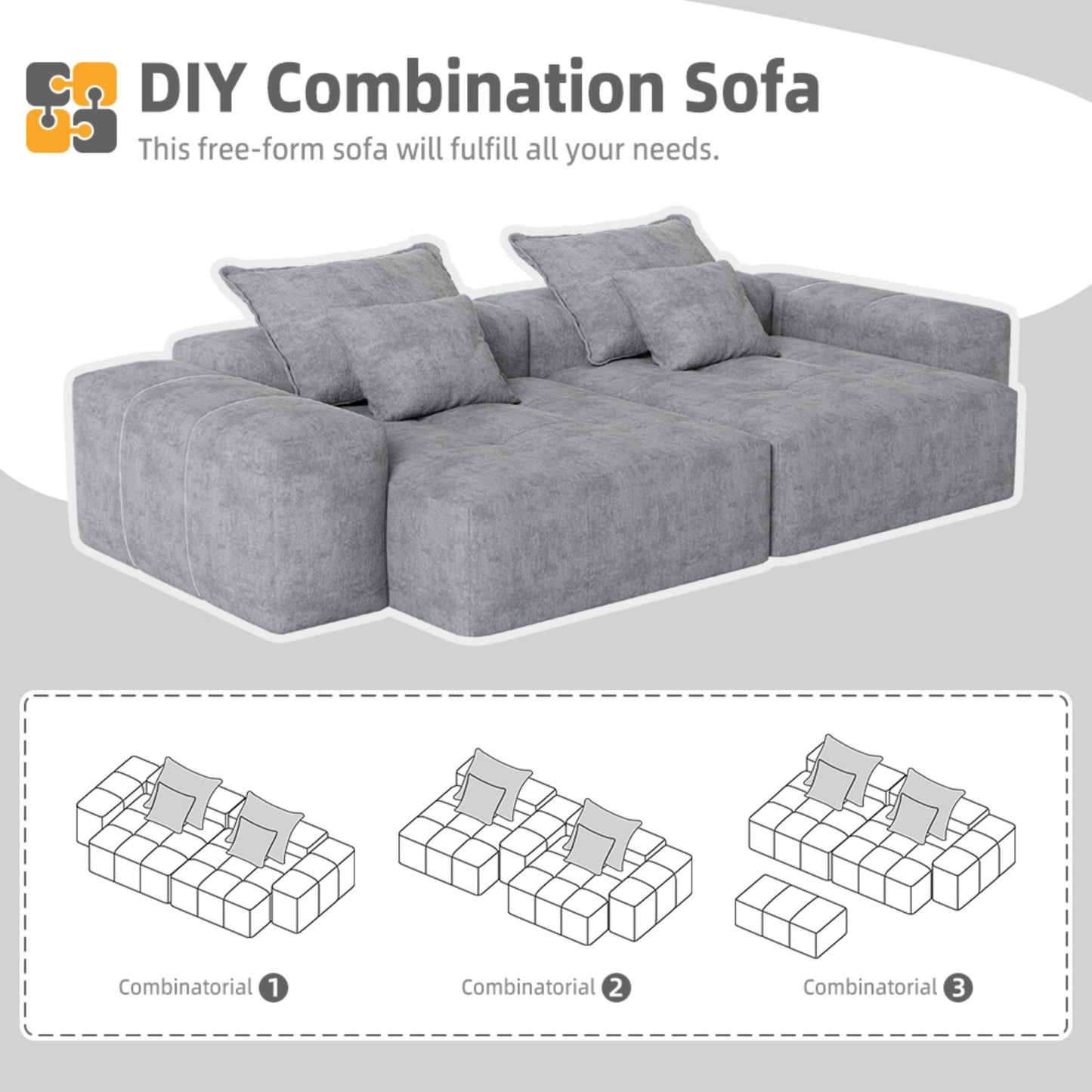 Modern Oversized Modular Sectional Sofa With 2 Chaise Lounge And 2 Armrest, Sparkling Chenille Fabric Soft Cushion Sofa With 4 Pillows, 4 Pieces Diy Combination Tufted Sofa, No Assembly Required - Gray