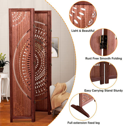 Panel Solid Wood Folding Room Divider - Brown
