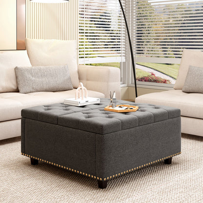 Massive Square Storage Bench, Footstool With 2 Storage Doors, Mid - Century Modern Coffee Table For Living Room, Nailhead Inlay - Dark Gray