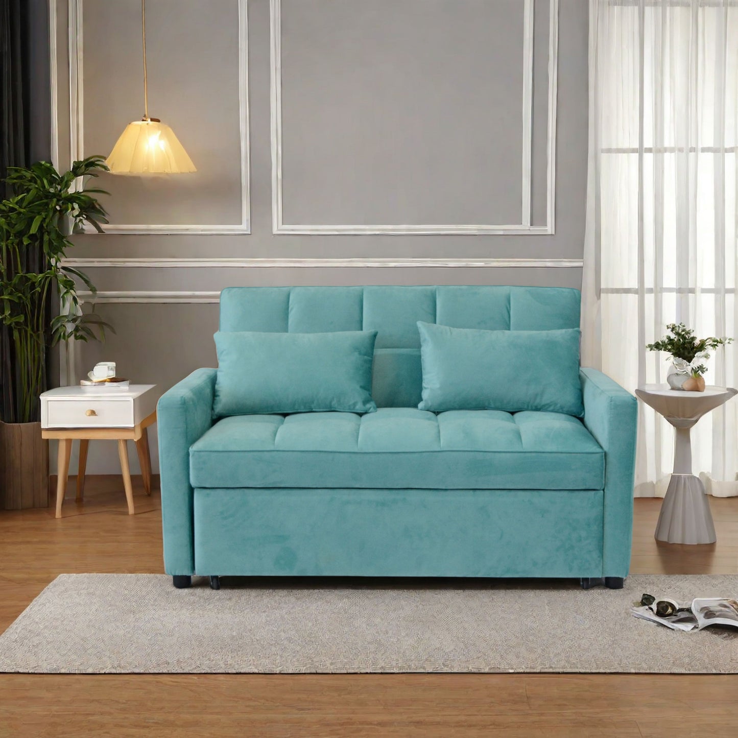Velvet Two Seater Pull Out Sofa Bed, Adjustable Backrest With Three USB Ports, Two Side Pockets, 3 In 1 Convertible Sleeper Sofa Bed, Modern Love Seat Lounge Sofa For Living Room - Light Blue
