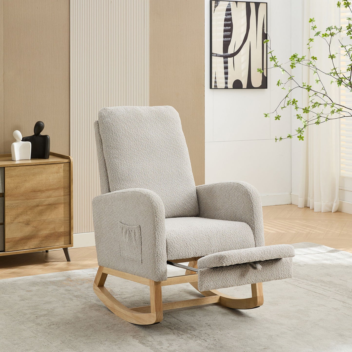 Rocking Chair For Nursery, High Back Glider Chair With Retractable Footrest, Side Pocket, Rocking Accent Armchair With Rubber Wood Legs For Living Room / Bedroom - Light Gray