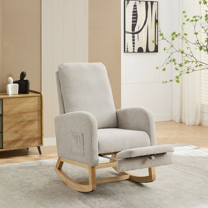 Rocking Chair For Nursery, High Back Glider Chair With Retractable Footrest, Side Pocket, Rocking Accent Armchair With Rubber Wood Legs For Living Room / Bedroom - Light Gray