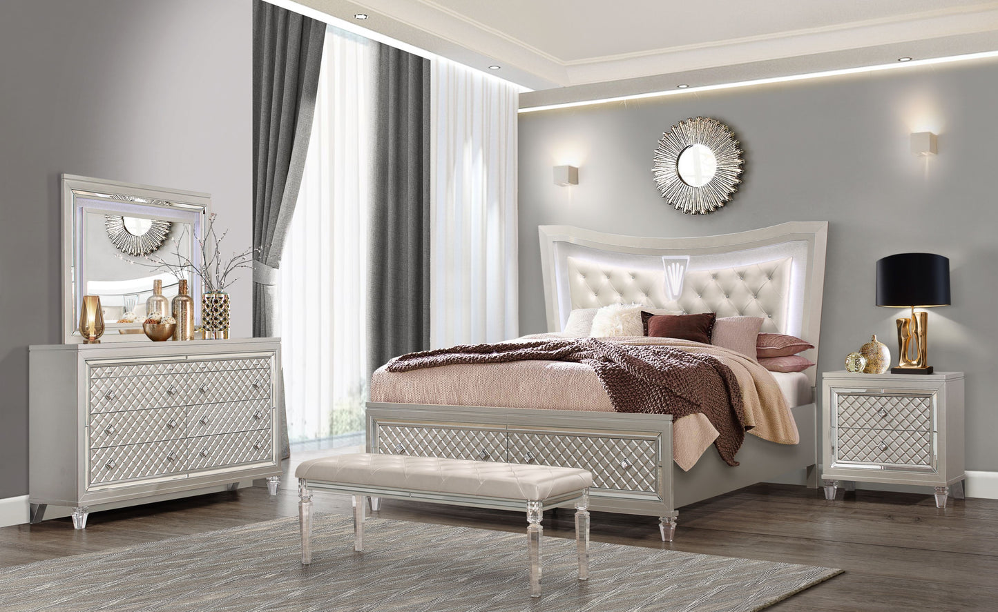 Cross - King Bed With LED - Glam Champagne