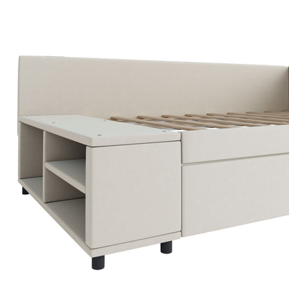 Twin L Shaped Upholstered Platform Bed With Storage And Drawers - Beige