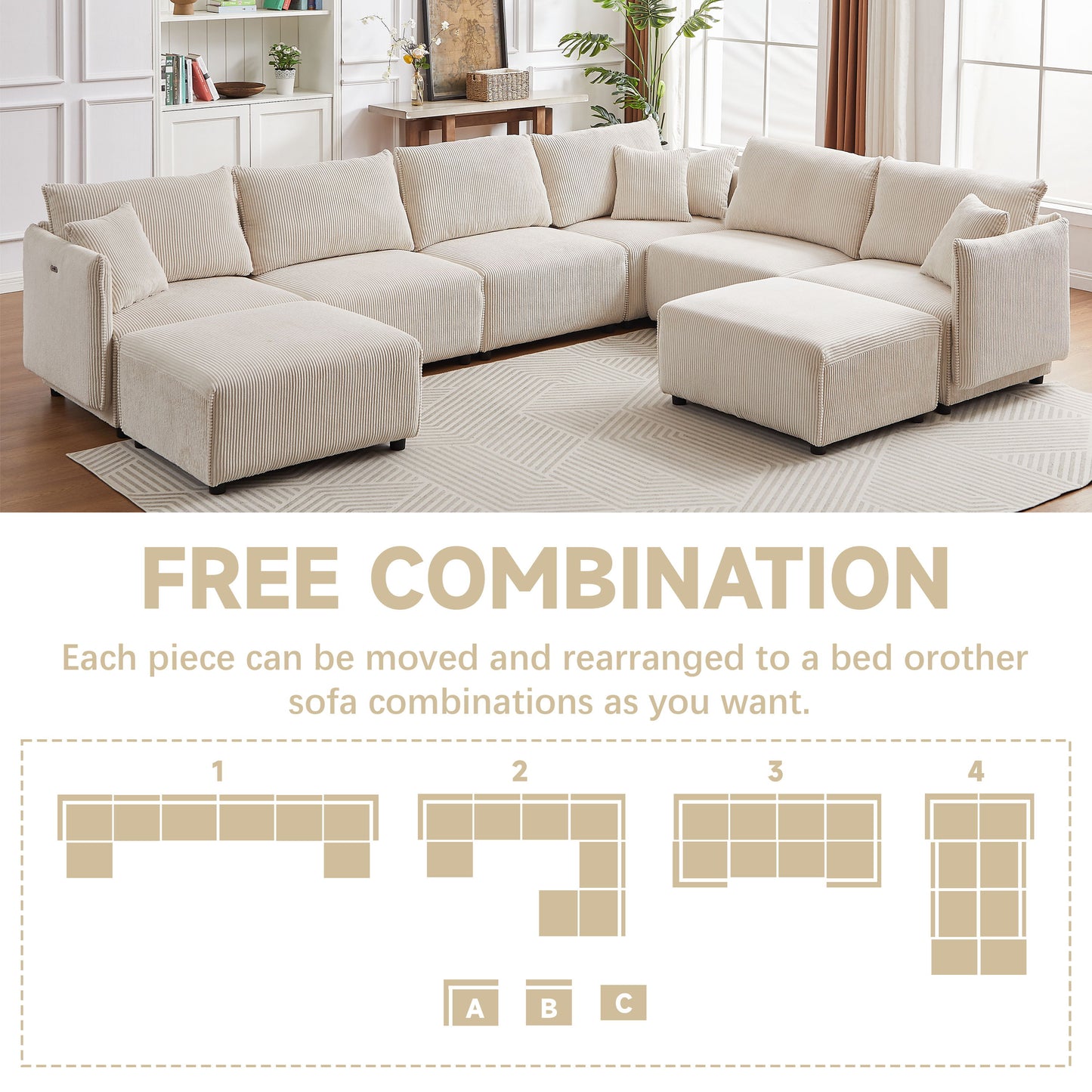 Multi Module Combination Style Sofa For Living Room And Other Lounge Spaces, Modern Minimalist Corduroy Combination Sofa With 2 Comfort Cushions With USB & C Charging Ports, 2 Sets - Beige