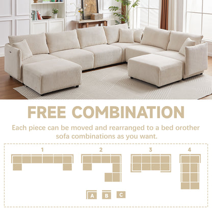 Multi Module Combination Style Sofa For Living Room And Other Lounge Spaces, Modern Minimalist Corduroy Combination Sofa With 2 Comfort Cushions With USB & C Charging Ports, 2 Sets - Beige