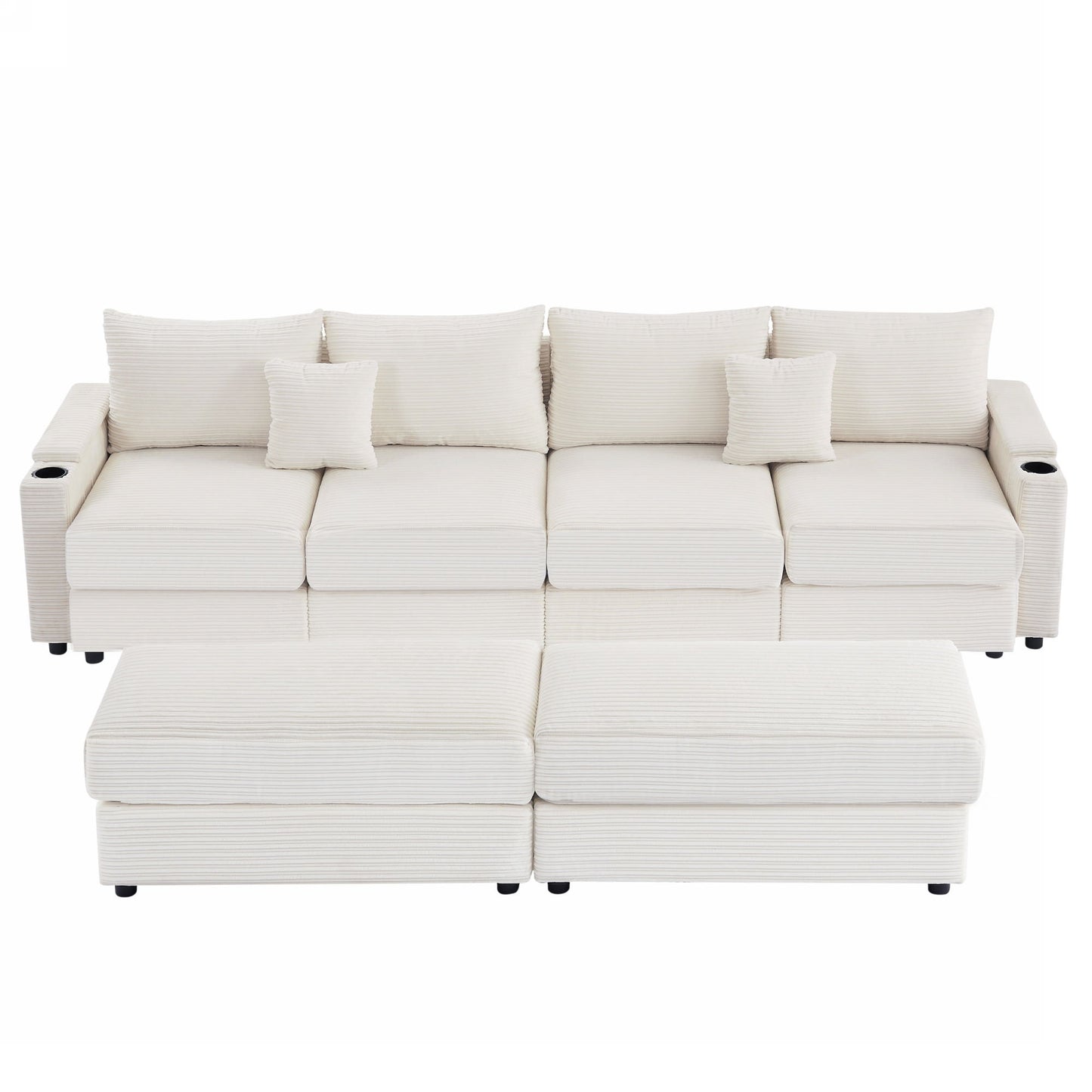 Modern Style 4 Seater Sofa Sectional Sofa Couch With Storage Space, Two Movable Ottomans, Two USB Ports, Two Cup Holders, A Phone Holder For Living Room - Beige