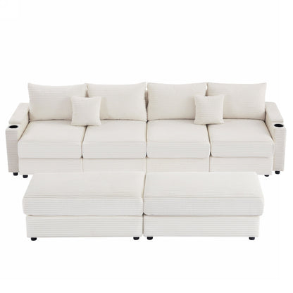 Modern Style 4 Seater Sofa Sectional Sofa Couch With Storage Space, Two Movable Ottomans, Two USB Ports, Two Cup Holders, A Phone Holder For Living Room - Beige