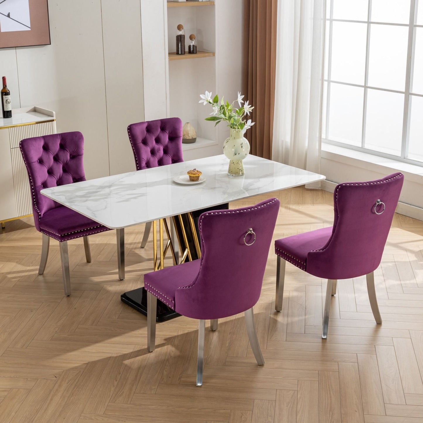 Nikki - Modern, High-End Tufted Solid Wood Contemporary Velvet Upholstered Dining Chair With Chrome Stainless Steel Plating Legs, Nailhead Trim (Set of 2) - Purple / Chrome