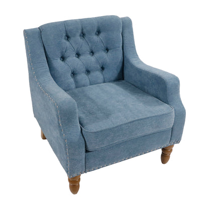 Accent Chair, Living Room Chair, Footrest Chair Set With Vintage Brass Studs, Button Tufted Upholstered Armchair For Living Room, Comfy Reading Chair For Bedroom, Reception Room - Blue