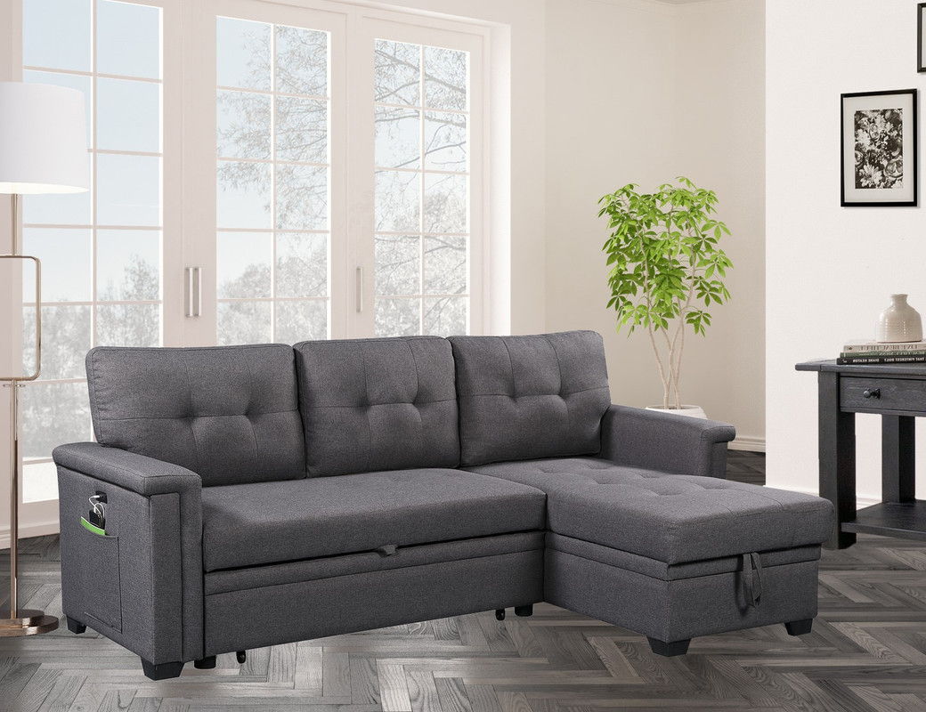 Nathan - Reversible Sleeper Sectional Sofa With Storage Chaise, USB Charging Ports And Pocket - Dark Gray