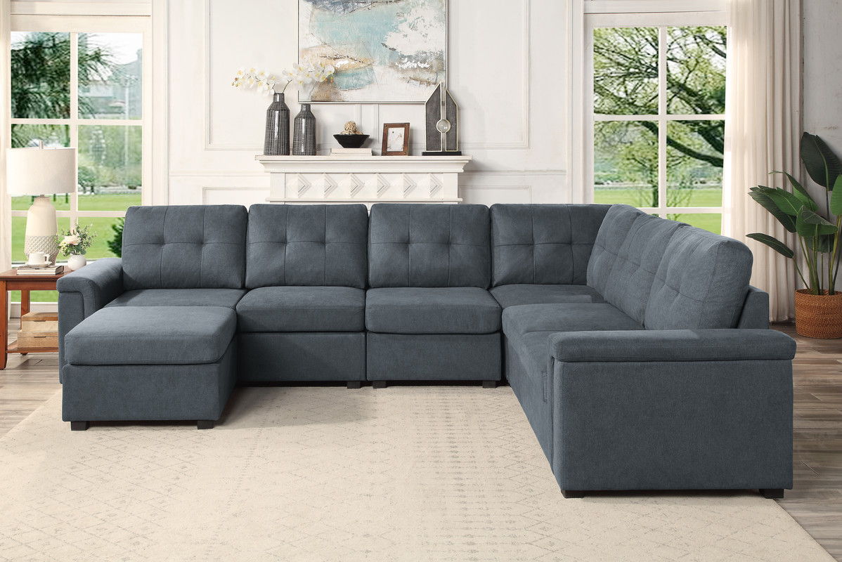 Isla - Woven Fabric 7 Seater Sectional Sofa With Ottoman - Gray