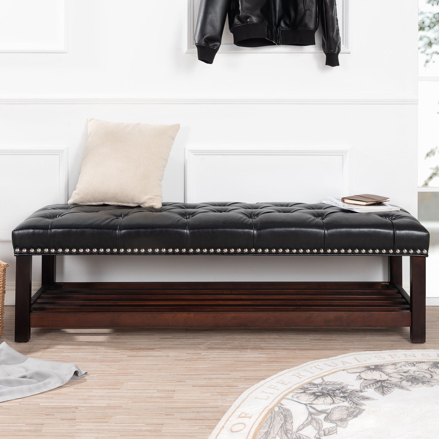 Wooden Base Upholstered Bench For Bedroom For Entryway - Black