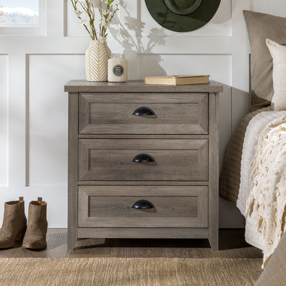 Transitional Farmhouse Framed 3 Drawer Nightstand With Cup Handles - Gray Wash