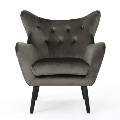 Modern Velvet Arm Chair With Tufted Wingback Design - Gray