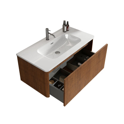Etna - Striped Walnut Bathroom Vanity With Ceramic Sink, Wall Mounted Floating Bathroom Vanity For Modern Bathroom - Walnut / White