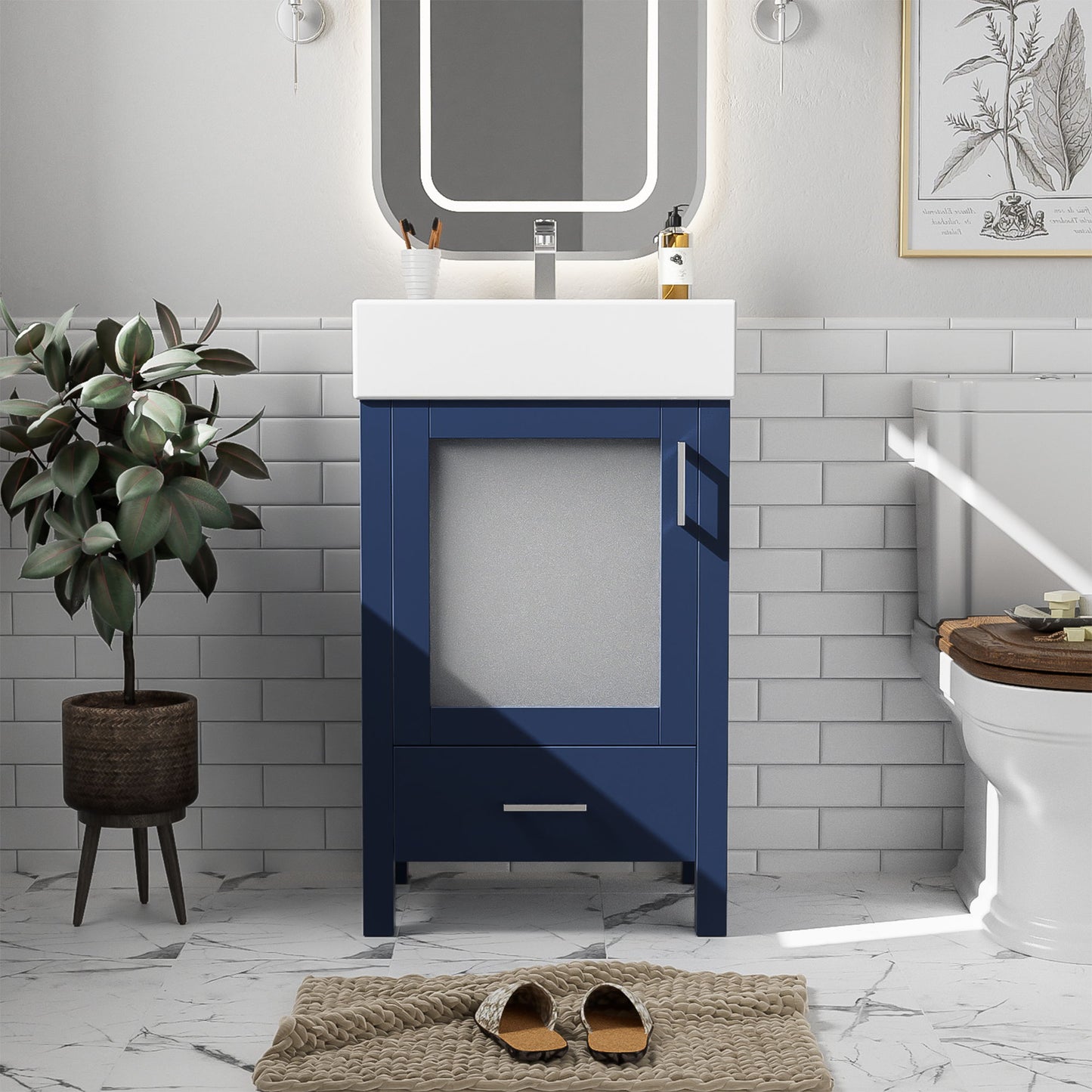 Bathroom Vanity With Ceramic Sink And Ample Storage, Ideal For Small Bathrooms - Blue