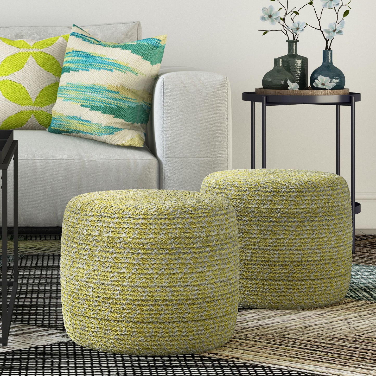 Bayley - Round Braided Pouf - Muted Yellow / Natural