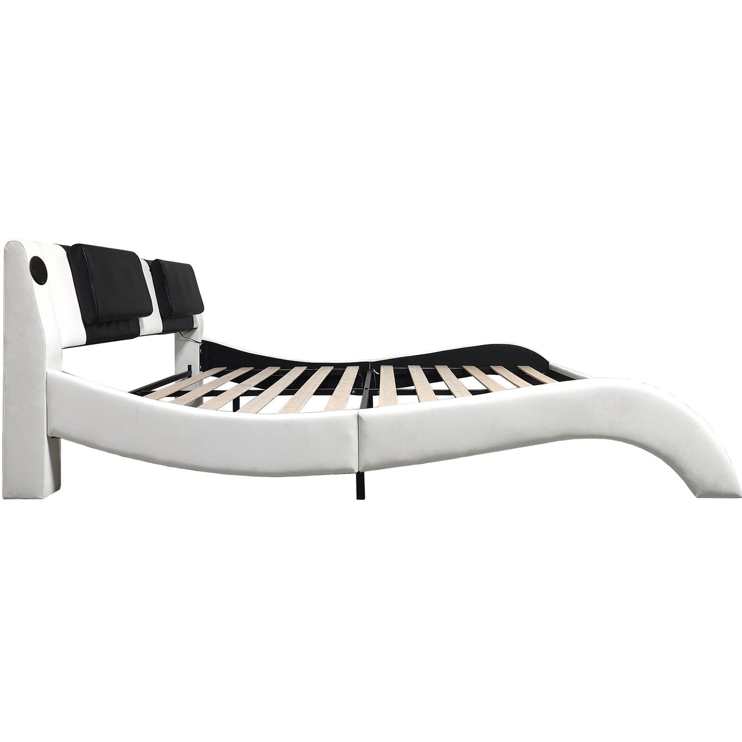 King Size Upholstered Platform Bed Frame With LED Lighting, Bluetooth Connection To Play Music Control, Backrest Vibration Massage, Curve Design, Wood Slat Support, Exhibited Speakers - White