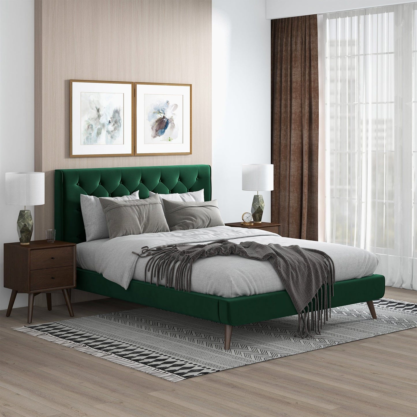 Dillon - Velvet Platform Bed Queen Size - Green