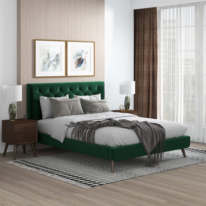 Dillon - Velvet Platform Bed Queen Size - Green