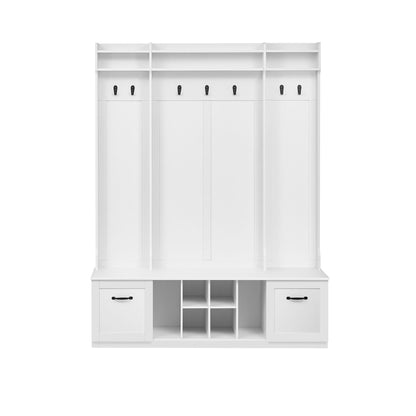 5 In 1 Entryway Bench With Coat Rack, 7 Sturdy Hooks, 2 Spacious Drawers And Adjustable Shelves, Wide Hall Tree With Metal Handles For Hallway - White