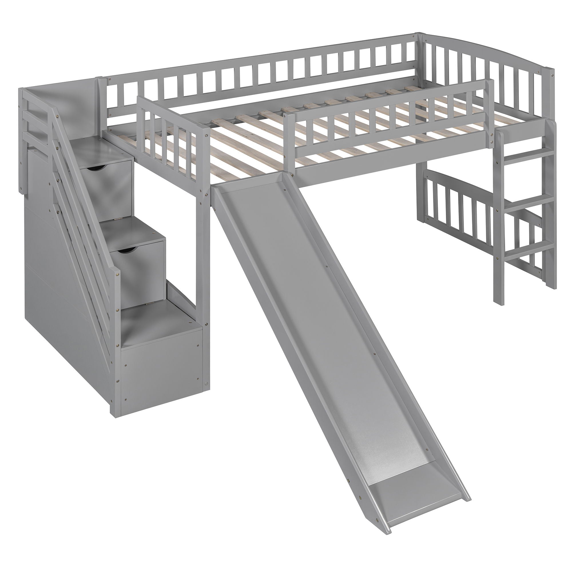Twin Size Loft Stairway Bed With 2 Drawers And Slide - Gray