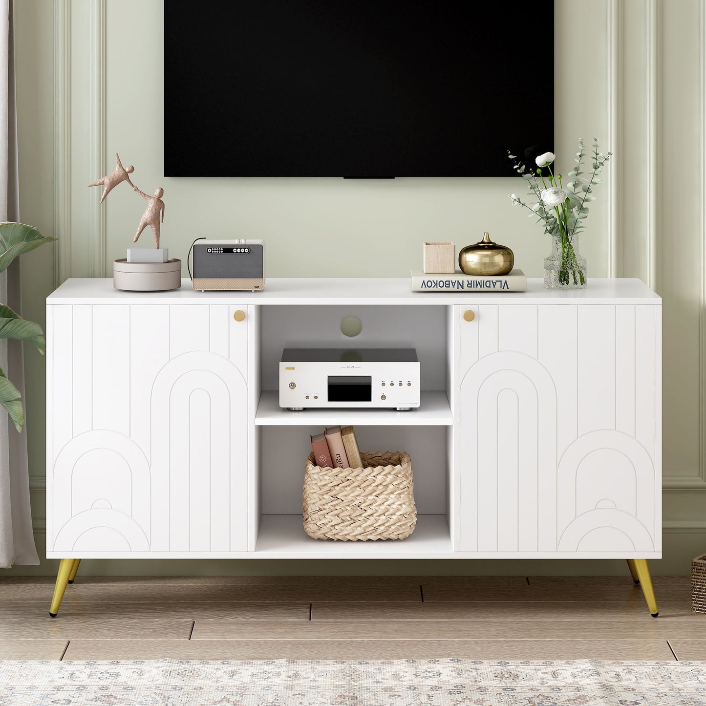 Modern TV Stand For TVs Up To 55", Entertainment Center Media Console, Adjustable Shelf, Metal Legs, Handles And Anti-Tip Device For Living Room - White