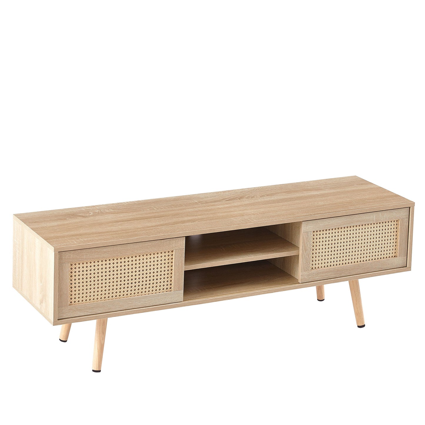 55.12" Rattan TV Cabinet, Double Sliding Doors For Storage, Adjustable Shelf, Solid Wood Legs, TV Console For Living Room - Natural