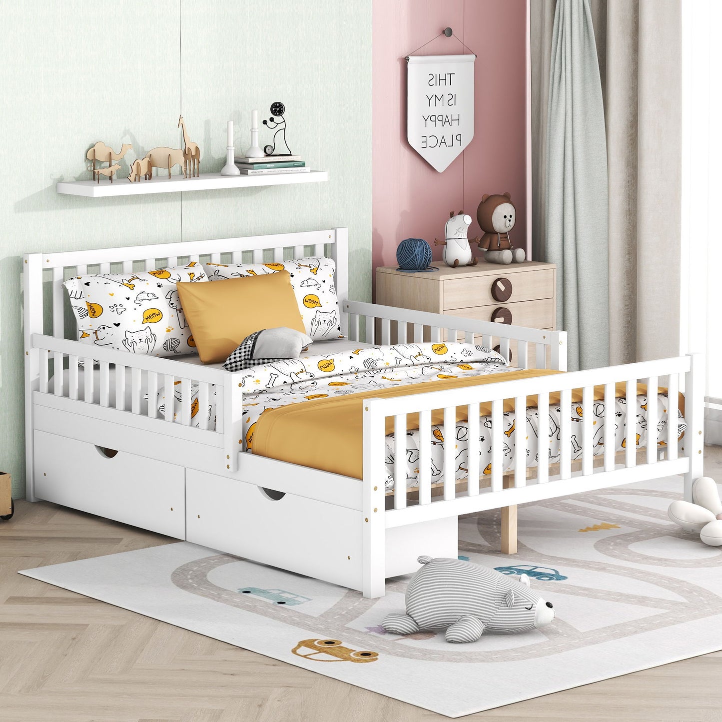 Full Size Platform Bed With Guardrails On Both Sides And 2 Storage Drawers - White