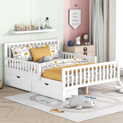 Full Size Platform Bed With Guardrails On Both Sides And 2 Storage Drawers - White