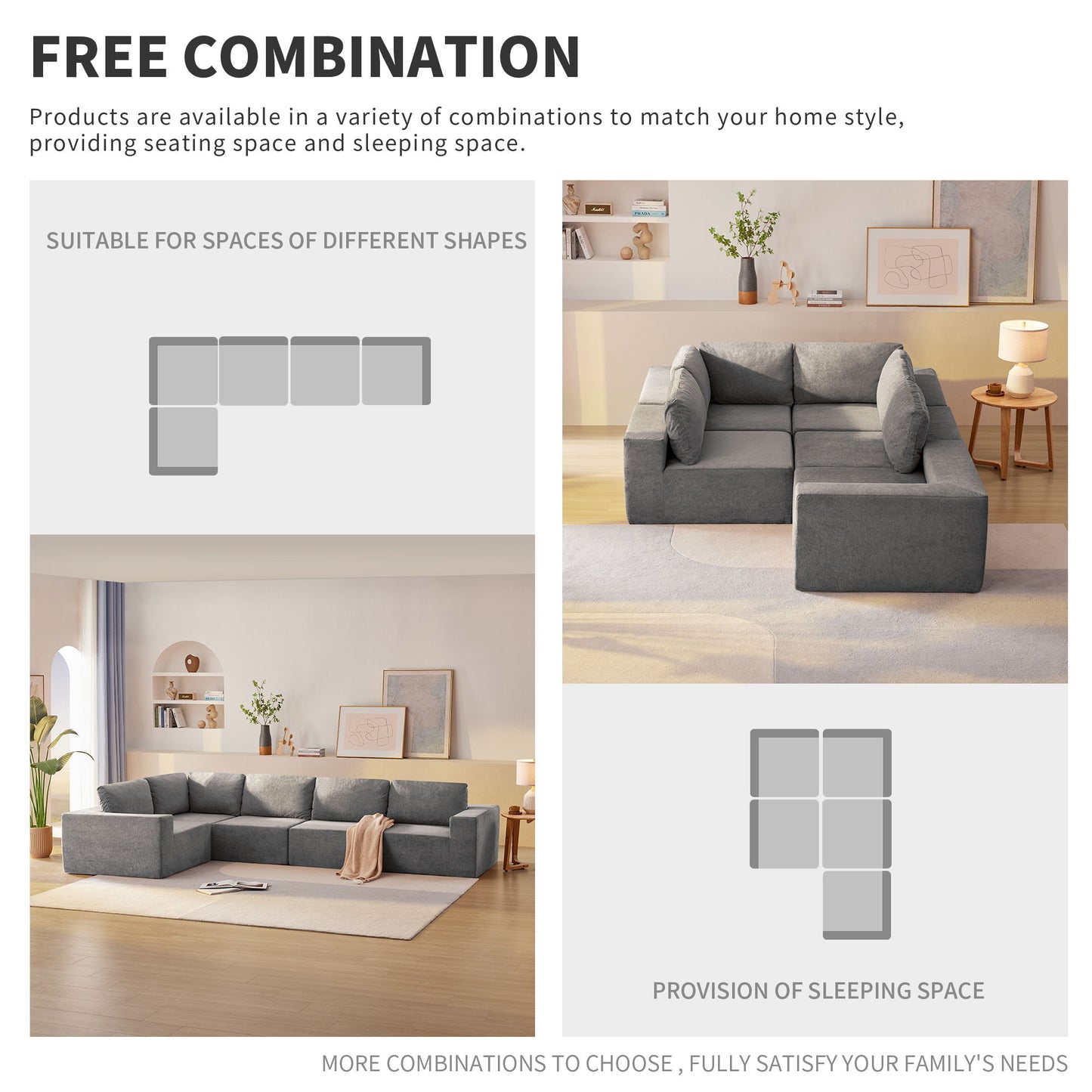 Modular L Shaped Sectional Sofa, Luxury Floor Couch Set, Upholstered Indoor Furniture, Foam - Filled Sleeper Sofa Bed 5 Pieces Free Combination - Gray