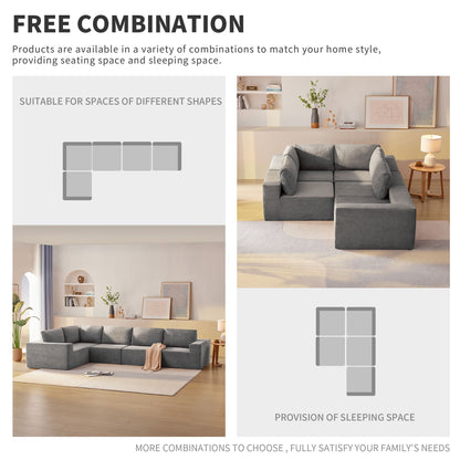 Modular L Shaped Sectional Sofa, Luxury Floor Couch Set, Upholstered Indoor Furniture, Foam - Filled Sleeper Sofa Bed 5 Pieces Free Combination - Gray
