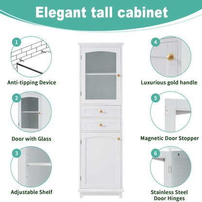 Tall Bathroom Storage Cabinet With Glass Doors, Free-Standing, Two Drawers, And Adjustable Shelves, MDF Board, Painted Perfect For Displaying Your Favorite Items - White