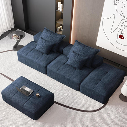 Modern Oversized Modular Sectional Sofa With 2 Ottoman And 2 Seat, Sparkling Chenille Fabric Soft Cushion Sofa With 4 Pillows, 4 Pieces Diy Combination Tufted Sofa, No Assembly Required - Blue