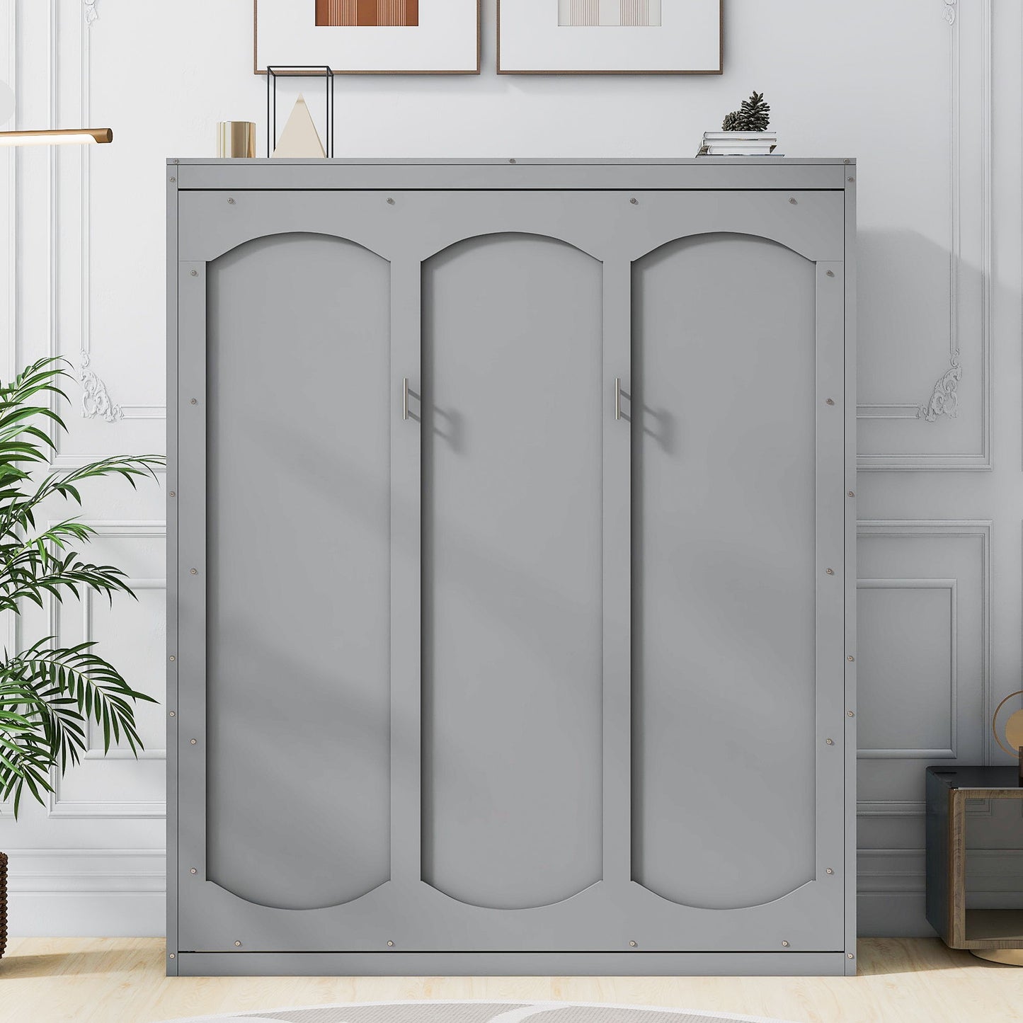 Queen Size Murphy Wall Bed With Shelves, Space Saving And Construction - Gray