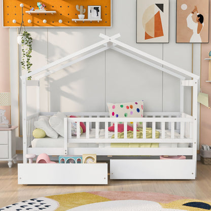 Twin Size House Bed With 2 Drawers - White