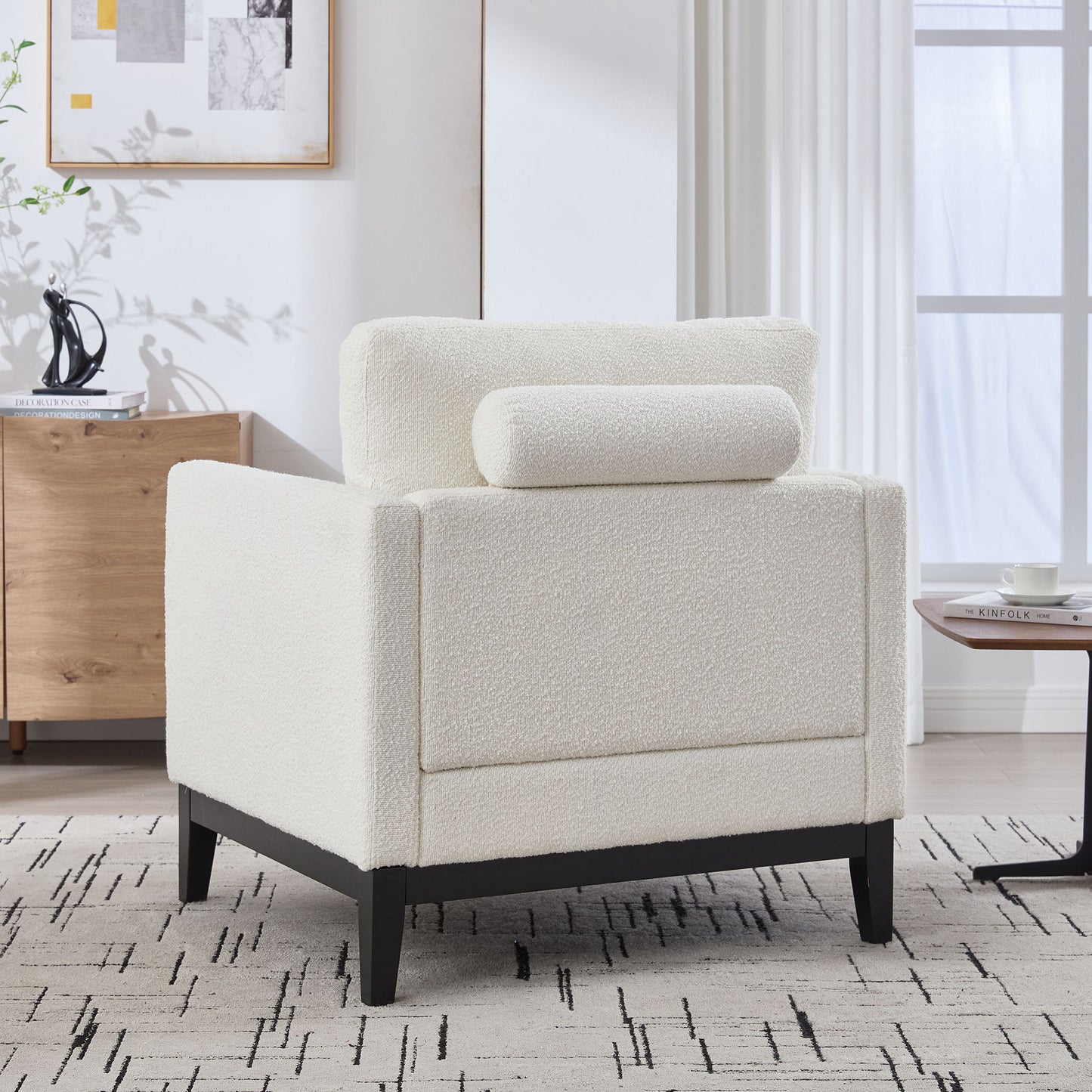 Wide Modern Farmhouse Performance Accent Chair With Black Legs, Wood Base Reading Armchair Single Sofa With 2 Bolster Pillows For Living Room Offices And Lounge - Ivory