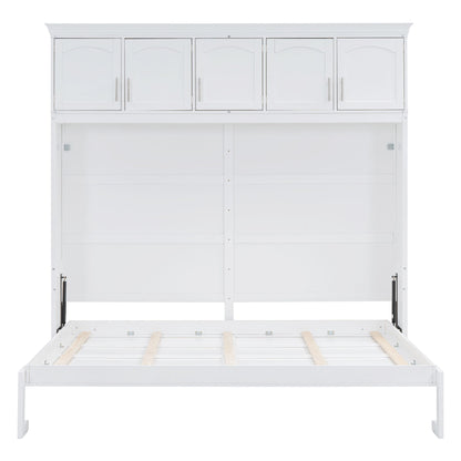 Full Size Space Saving Murphy Wall Bed With Top Cabinets, Flexible Slats - White