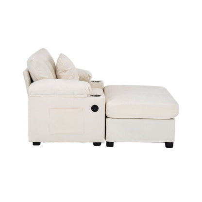 Modern Oversized Chair With Ottoman, Chenille Fabric Sofa Bed, Accent Chair Comfy Sofa With Cupholders And USB Charging Ports Chair For Living Room, Bedroom, Apartment - Beige