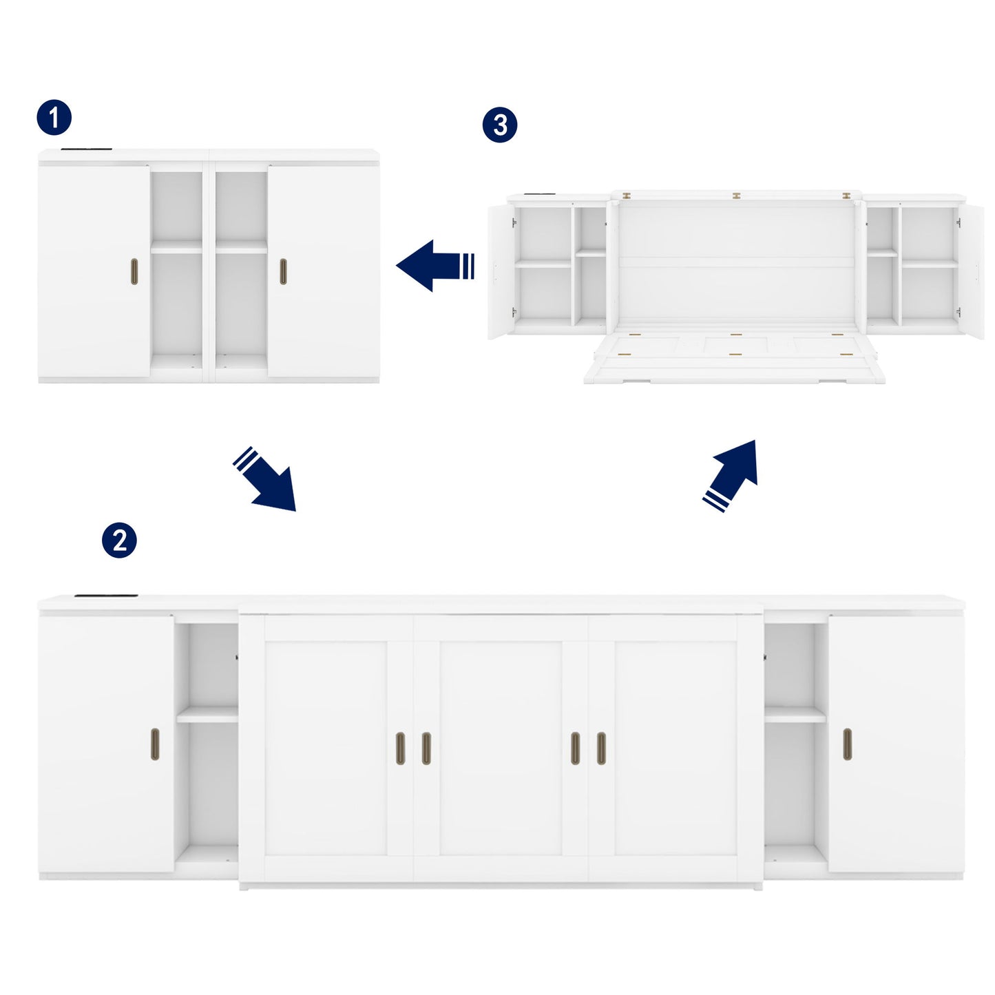 Queen Size Murphy Bed With Shelves, Cabinets And USB Ports - White
