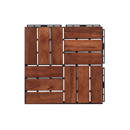 Acacia Wood Interlocking Deck Tiles Checker Pattern, 10 Piece Square Acacia Hardwood Outdoor Flooring For Patio, Bancony, Pool Side - Brown